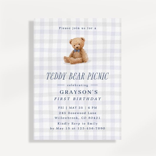 Invitation Gingham Teddy Bear Picnic First Birthday