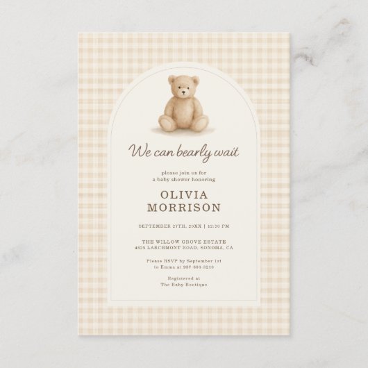 Invitation Gingham Teddy Bear We Can Bearly Wait (Devant)