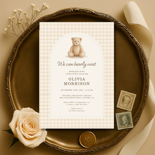 Invitation Gingham Teddy Bear We Can Bearly Wait
