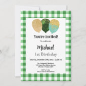 Invitation Gingham Vert, Ballons de Fête 1er Anniversaire (Devant)