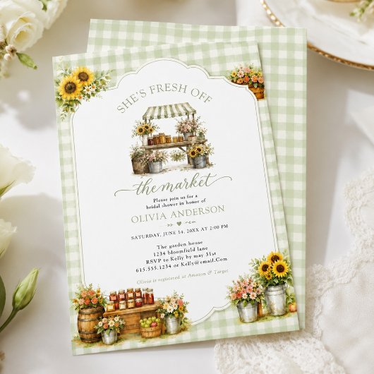 Invitation Gingham Vert Rustique Elle est Fraîche sur le Marc
