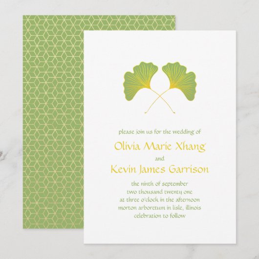 Invitation Ginkgo Feuille et Gold Géométrique (Devant / Derrière)