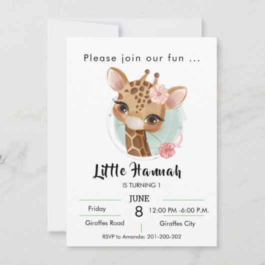 Invitation Girafe anniversaire filles aquarelle (Devant)