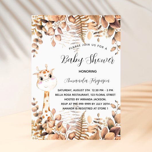 Invitation girafe baby shower eucalyptus jungle luxe