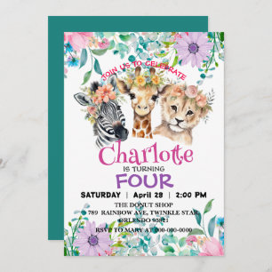 Invitation Girafe Cute jungle Lion Animaux Anniversaire Flora