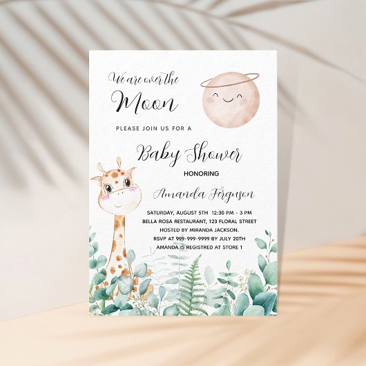 Invitation girafe de baby shower lune eucalyptus forêt luxe