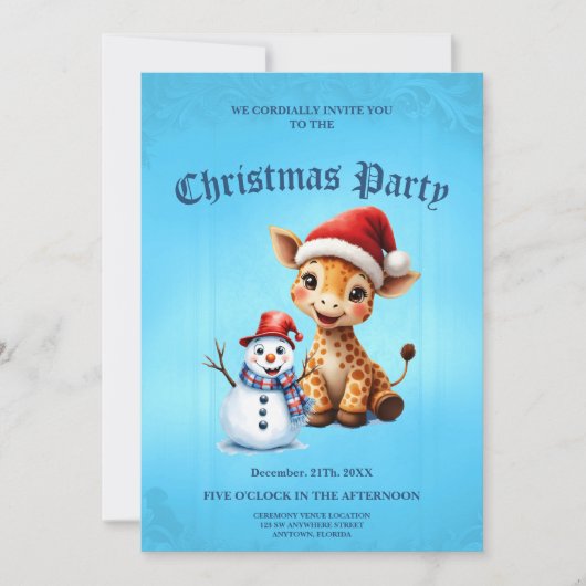 Invitation Girafe de caricature mignonne avec Santa Hat & Sno (Devant)