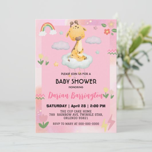 Invitation Girafe de Cute baby shower ballon de fleurs (Debout devant)