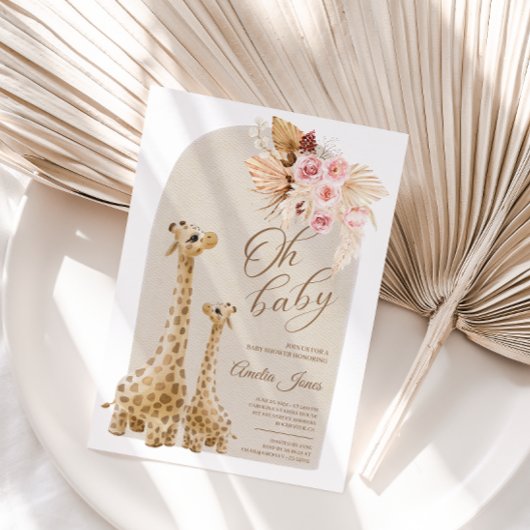 Invitation Girafe d'herbe de Pampas neutre pour Baby Shower 
