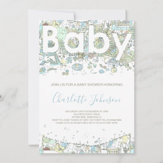 Invitation girafe d'ours éléphant Aquarelle bleu (Devant)