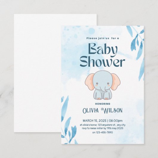 Invitation girafe éléphant bébé design douche (Devant / Derrière)