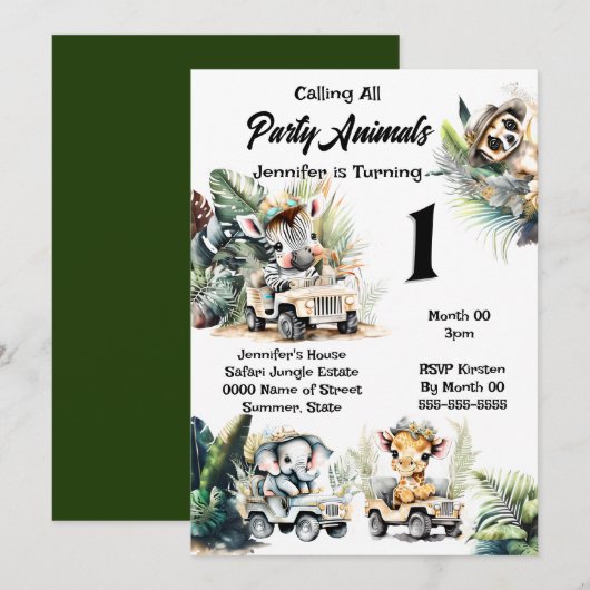 Invitation Girafe éléphant jungle safari animaux sauvages zèb (Devant / Derrière)