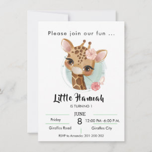 Invitation Girafe en aquarelle pour l'anniversaire des filles