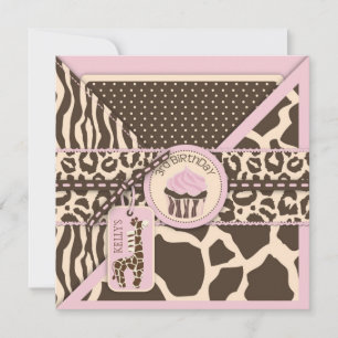 Invitation Girafe et Cupcake de Safari rose Troisième anniver
