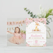 Invitation Girafe génoise de la florale rose photo d'annivers (Debout devant)