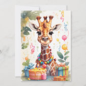 Invitation Girafe joyeuse avec des cadeaux et un gâteau | (Devant)
