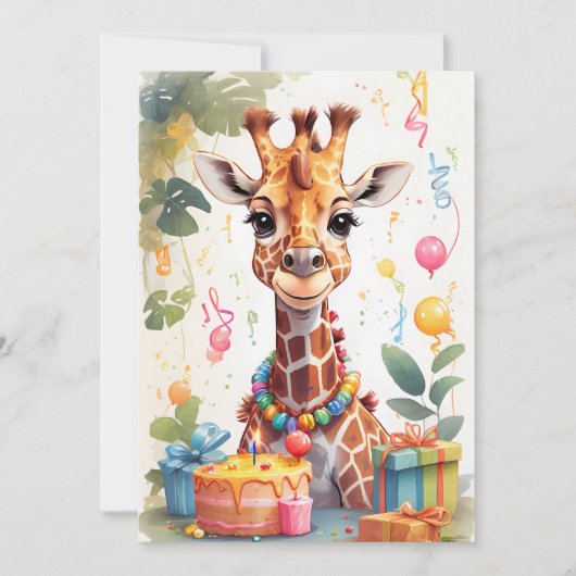 Invitation Girafe joyeuse avec des cadeaux et un gâteau | (Devant)