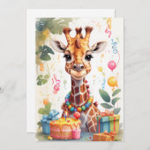 Invitation Girafe joyeuse avec des cadeaux et un gâteau | (Devant / Derrière)