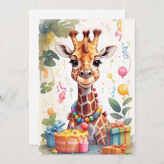 Invitation Girafe joyeuse avec des cadeaux et un gâteau | (Devant / Derrière)