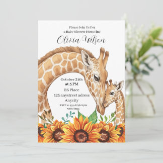 Invitation Girafe mère et bébé avec tournesols