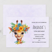 Invitation Girafe Mignonne avec Couronne Florale d'Anniversai (Devant / Derrière)