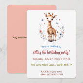 Invitation Girafe modifiable Fleurs et Papillons (Devant / Derrière)