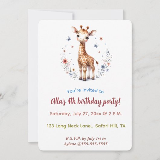 Invitation Girafe modifiable Fleurs et Papillons (Devant)