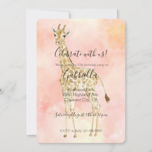 Invitation Girafe pêche rose (Devant)
