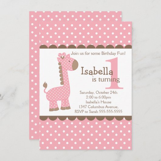 Invitation Girafe Rose de la Jungle Cute (Devant / Derrière)