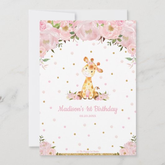 Invitation Girafe rose florale girafe fille fête d'anniversai (Dos)