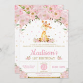 Invitation Girafe rose florale girafe fille fête d'anniversai (Devant / Derrière)