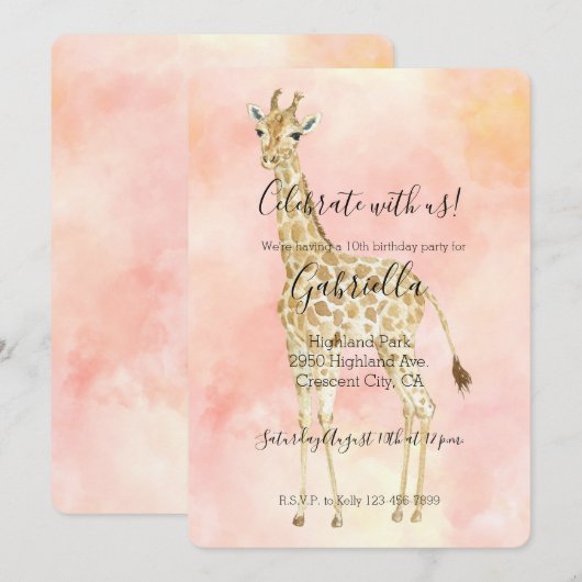 Invitation Girafe Rose Pêche (Devant / Derrière)