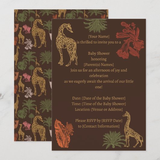 Invitation Girafe rustique fleurs marron (Devant / Derrière)