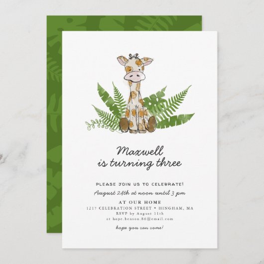 Invitation Girafe Safari mignonne avec Feuilles de la jungle (Devant / Derrière)