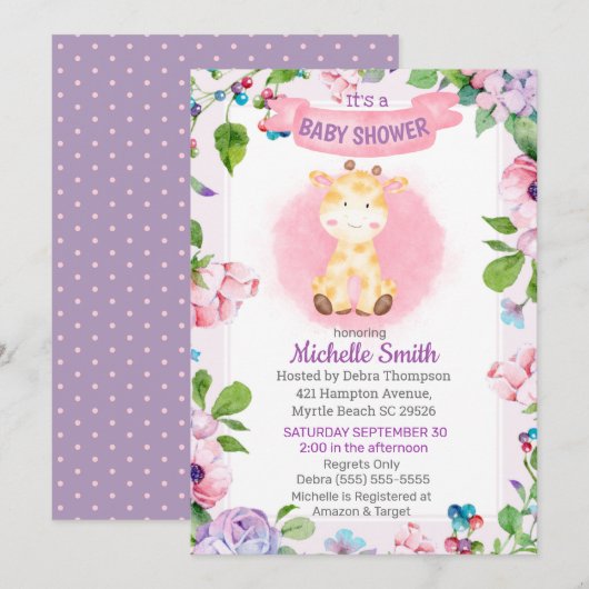 Invitation Girafe violet rose mignonne Baby shower Floral (Devant / Derrière)