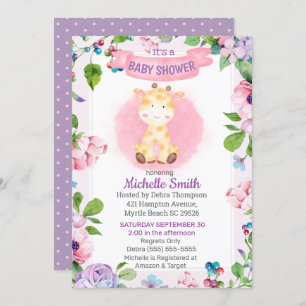 Invitation Girafe violet rose mignonne Baby shower Floral