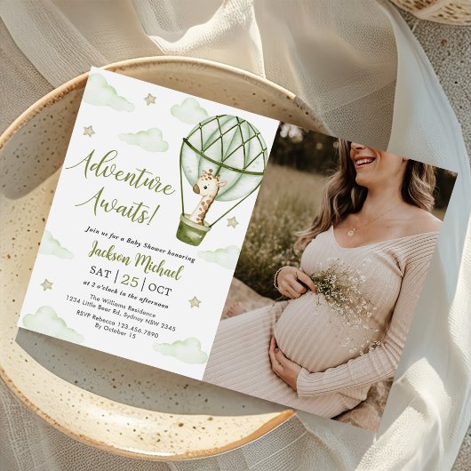 Invitation Giraffe Air chaud Balloon vert Baby shower photo