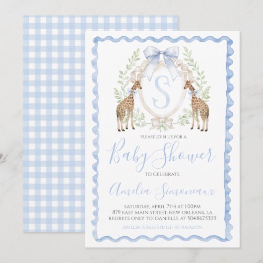 Invitation Giraffe Baby Boy Shower Preppy En vichy Blue (Devant / Derrière)