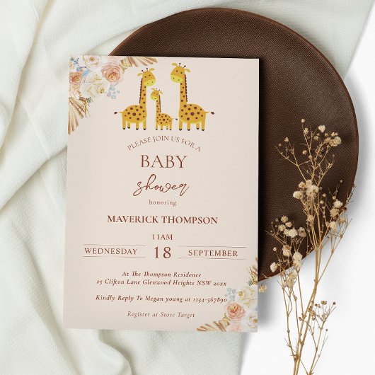 Invitation Giraffe Baby shower d'herbe séchée de Bohême