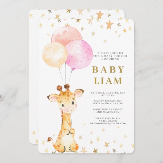 Invitation Giraffe Baby shower fille (Devant / Derrière)