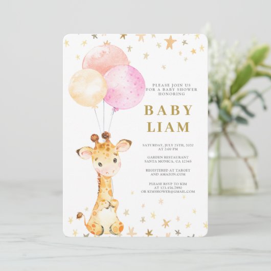 Invitation Giraffe Baby shower fille (Debout devant)