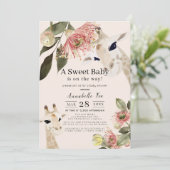 Invitation Giraffe Baby shower Floral Rose fille (Debout devant)
