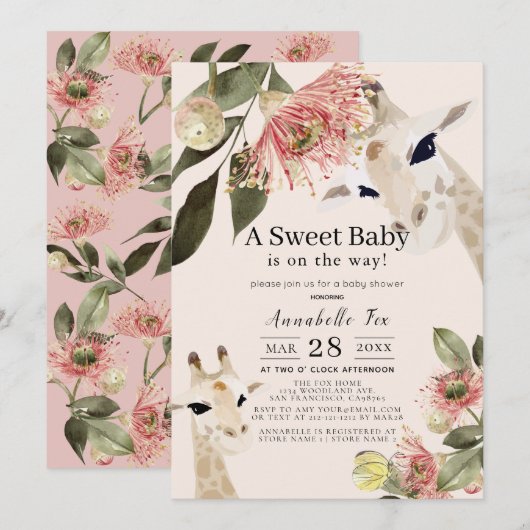 Invitation Giraffe Baby shower Floral Rose fille (Devant / Derrière)