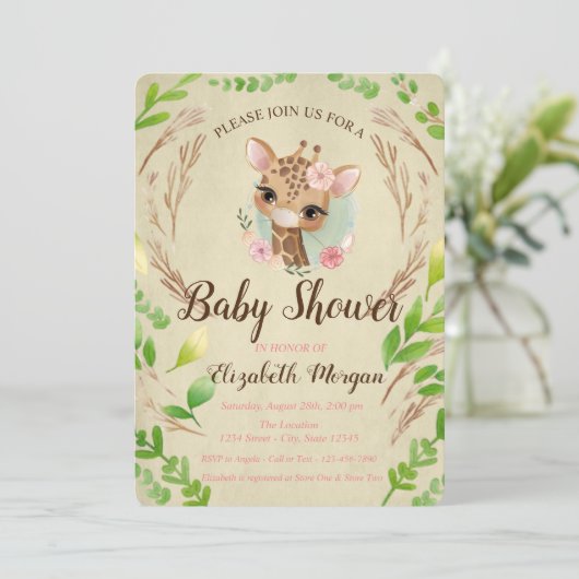 Invitation Giraffe Bébé mignonne, Feuille (Debout devant)