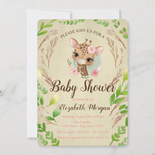 Invitation Giraffe Bébé mignonne, Feuille (Devant)