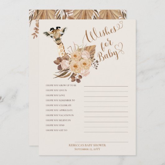 Invitation Giraffe Boho Herbes Baby shower Wives for Baby (Devant / Derrière)