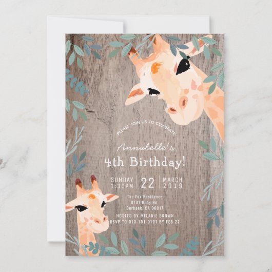 Invitation Giraffe Bois rustique Verdure Anniversaire (Devant)