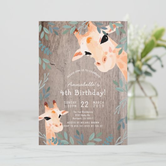 Invitation Giraffe Bois rustique Verdure Anniversaire (Debout devant)