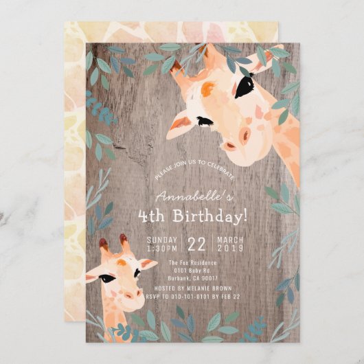 Invitation Giraffe Bois rustique Verdure Anniversaire (Devant / Derrière)
