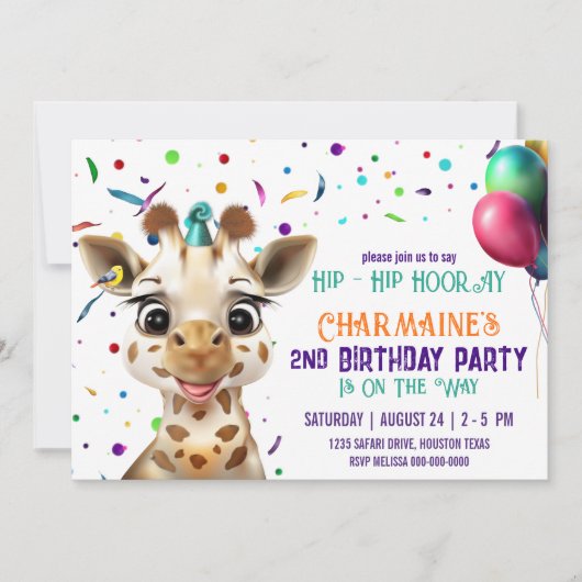 Invitation Giraffe Confetti Anniversaire de enfant (Devant)